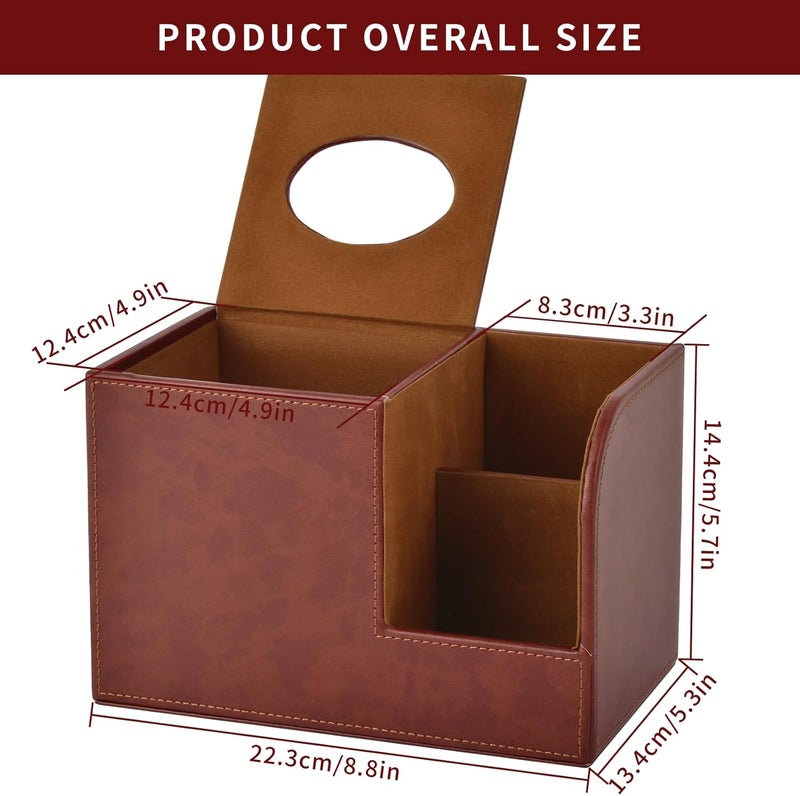 XNONE PU Leather Square Tissue Box Cover,Multifunctional Tissue Box Holder,Tissue Box with Storage,Tissue and Remote Control Holder,Tissue Box Decorative Desk Organizer for Home&Office,Brown - Image 3